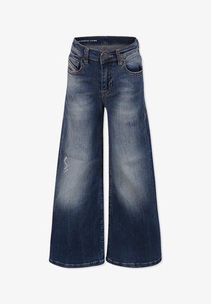 Jeans a gamba larga in denim con una lavaggio blu sbiadito. Presentano sfumature, dettagli strappati e un classico design a cinque tasche con zip.