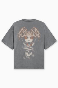Gray oversized t-shirt with a round neckline, featuring a front graphic of a face, skull, and snake in orange and white tones.