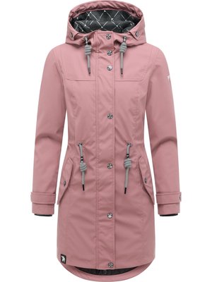 Parka imperméable rose pour femme avec capuche, cordons noirs et blancs, boutons-pression, deux poches à rabat et doublure intérieure noire à motif.