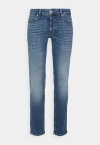 Jeans in denim blu con vestibilità dritta, design a cinque tasche, possibili aree sbiadite e leggere abrasioni sulle ginocchia. Chiusura con bottone metallico.