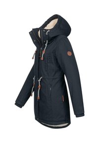 Marineblauer wasserdichter Parka mit einem mit Fell gefütterten Innenraum, verstellbare Kapuze mit Kordelzug, Knöpfen und zwei Fronttaschen. Verfügt über gerippte Bündchen und ein Logo-Patch.