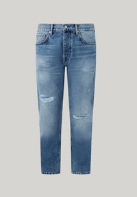 Vaqueros de denim azul claro con un corte slim, que presentan detalles desgastados, un desvanecimiento de oscuro a claro, diseño de cinco bolsillos y cremallera.