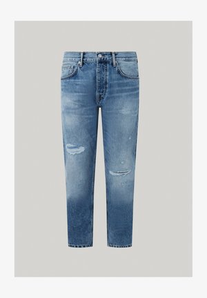 Světle modré džínové kalhoty s slim fit, se zničenými detaily, blednoucími od tmavé po světlou, designem s pěti kapsami a zipem.