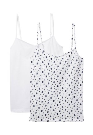 Deux camisoles pour femmes, l'une blanche unie et l'autre blanche avec un petit imprimé floral marine, toutes deux avec des bretelles fines réglables.