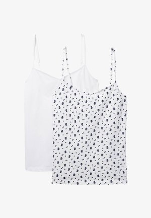 Deux camisoles pour femmes, l'une blanche unie et l'autre blanche avec un petit imprimé floral marine, toutes deux avec des bretelles fines réglables.