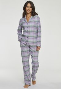 Plaid pajama set featuring a button-up shirt and long pants in purple, green, and gray tones, made of soft material with a relaxed fit.