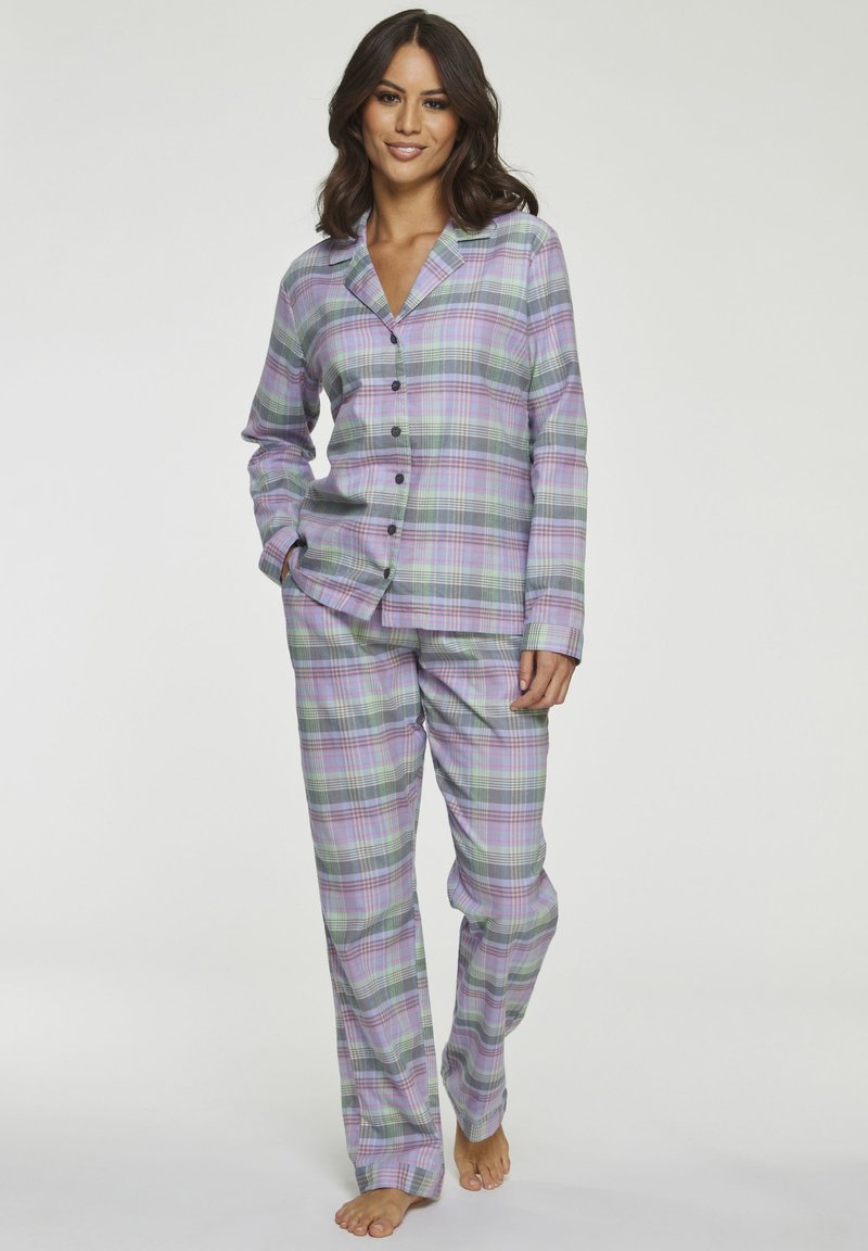 Plaid pajama set featuring a button-up shirt and long pants in purple, green, and gray tones, made of soft material with a relaxed fit.