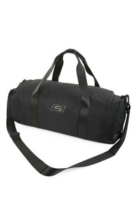 Bolsa de deporte negra hecha de material duradero, con dos asas superiores y una correa de hombro desmontable. Incluye un logo y compartimentos con cremallera.