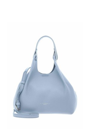 Sac à main en cuir texturé bleu clair, forme arrondie, poignée supérieure unique et bandoulière amovible sur fond blanc.