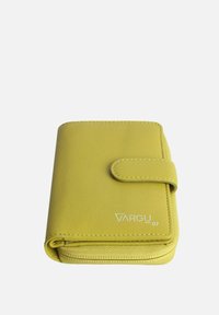 Yellow leather wallet with a flap closure, featuring visible stitching, embossed logo, and compact rectangular shape. Smooth texture.