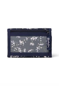 Floral print wallet with a navy blue fabric exterior, mesh panel, zippered closure, and a tag displaying "Satch." Rectangular shape.