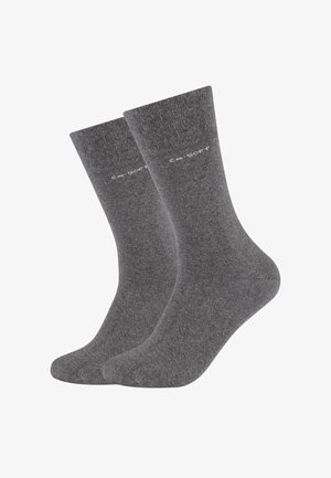 Calze in cotone grigio con una texture liscia, lunghezza a metà polpaccio e dettaglio del logo discreto sulla parte superiore. Design semplice, senza motivi.