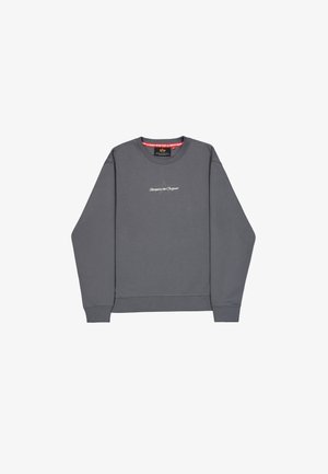 Grijze sweatshirt gemaakt van textielmateriaal; heeft een ronde hals, lange mouwen en een geborduurd logo op de borst.