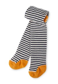 Gestreifte Socken mit marineblauen und cremefarbenen Streifen sowie orangen Akzenten an den Zehen und Bündchen, aus weichem, dehnbarem Material gefertigt.