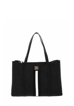 Black DKNY tote bag with double handles, a white vertical stripe, and gold logo at the center front, zippered top closure.