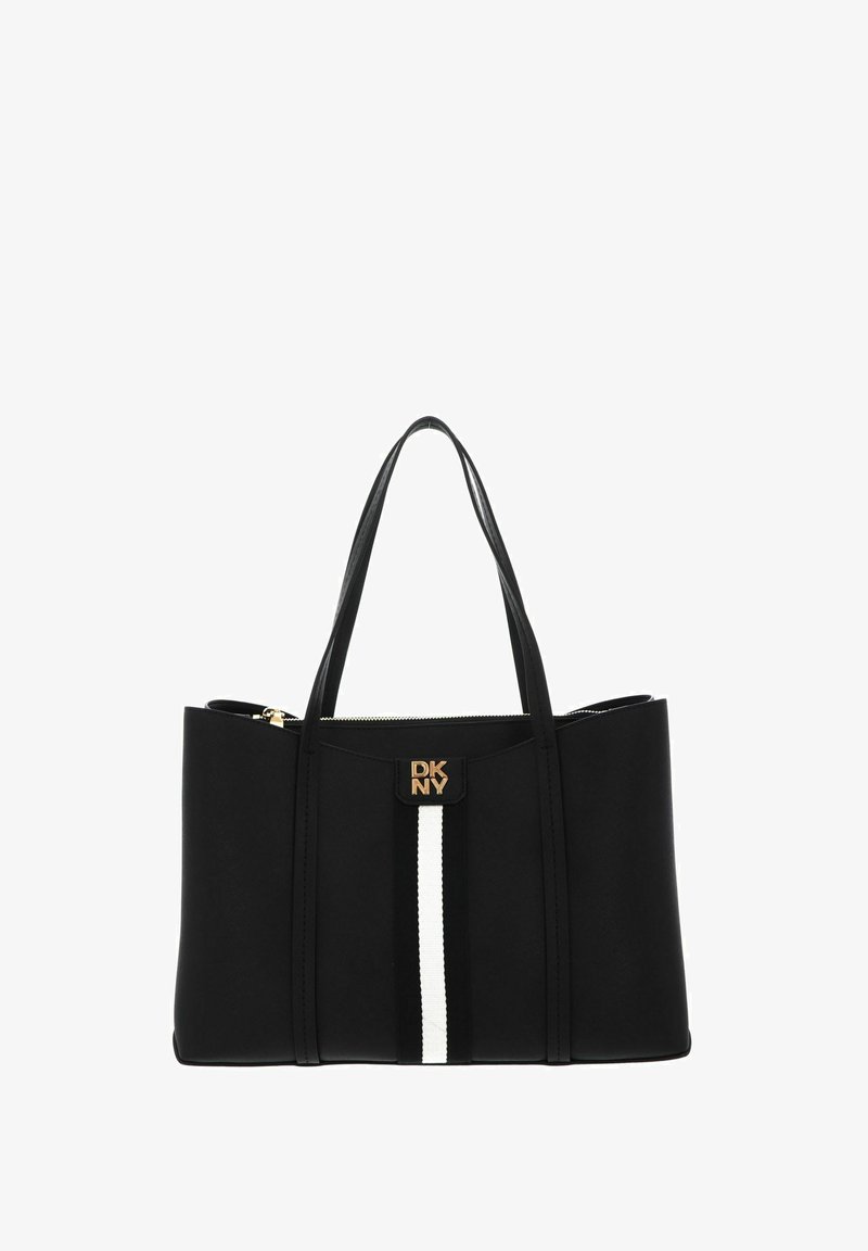 Sac cabas noir DKNY avec doubles poignées, une bande verticale blanche et un logo doré au centre devant, fermeture zippée sur le dessus.