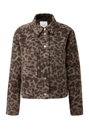 Leopard print jacket in brown and beige fleece. Features a collar, front snaps, and two chest pockets. Textured fabric with a casual fit.