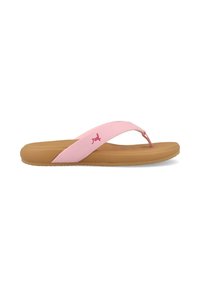 Roze flip-flop met gestructureerde banden en een platte tan zool. Voorzien van een klein logo op de band en een afgerond te ontwerp voor comfort.