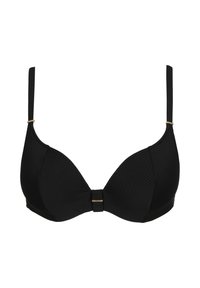 Czarny stanik z prążkowanego materiału o gładkim wykończeniu, z regulowanymi ramiączkami i złotym akcentem na środku. Klasyczny trójkątny kształt.