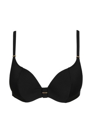 Seno nero a coste con finitura liscia, dotato di spalline regolabili e un accento dorato al centro. Forma triangolare classica.