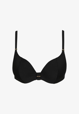 Seno nero a coste con finitura liscia, dotato di spalline regolabili e un accento dorato al centro. Forma triangolare classica.