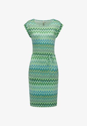 Mønstrete kjole med en zigzagdesign i nyanser av grønt og blått, korte ermer, en figurnær fasong og en knytedetalj i midjen.