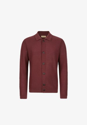 Bordeaux strikket cardigan med knaplukning foran, spids krave, tekstureret stof og ribbede manschetter. Har mørke knapper.