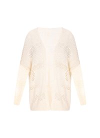 Cardigan lavorato a maglia di colore crema con una vestibilità ampia, caratterizzato da motivi a maglia aperta, una profonda scollatura a V e maniche lunghe. Tessuto leggero.