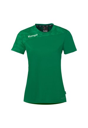 Grøn sports t-shirt til damer med korte ærmer, geometrisk mønster på skulderen, Kempa-logo på brystet og rund hals.