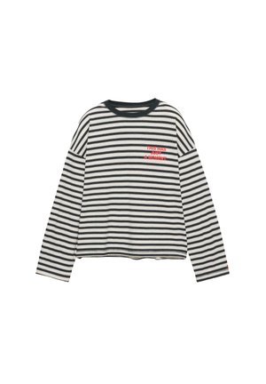 Chemise à manches longues rayée en noir et blanc, avec un col rond et un texte rouge brodé à l'avant. Tissu en coton doux.