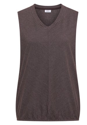 Haut sans manches marron foncé avec de fines rayures diagonales blanches formant un motif chevron et un col rond avec une petite découpe en V.
