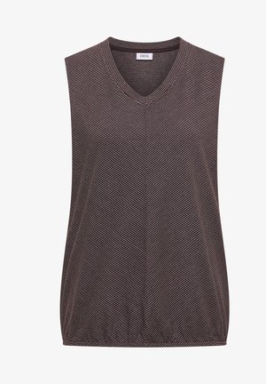 Haut sans manches marron foncé avec de fines rayures diagonales blanches formant un motif chevron et un col rond avec une petite découpe en V.