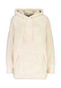 Sudadera con capucha de color crema, hecha de un suave forro polar texturizado. Presenta un bolsillo frontal y capucha con cordón. De corte amplio, con puños de canalé.