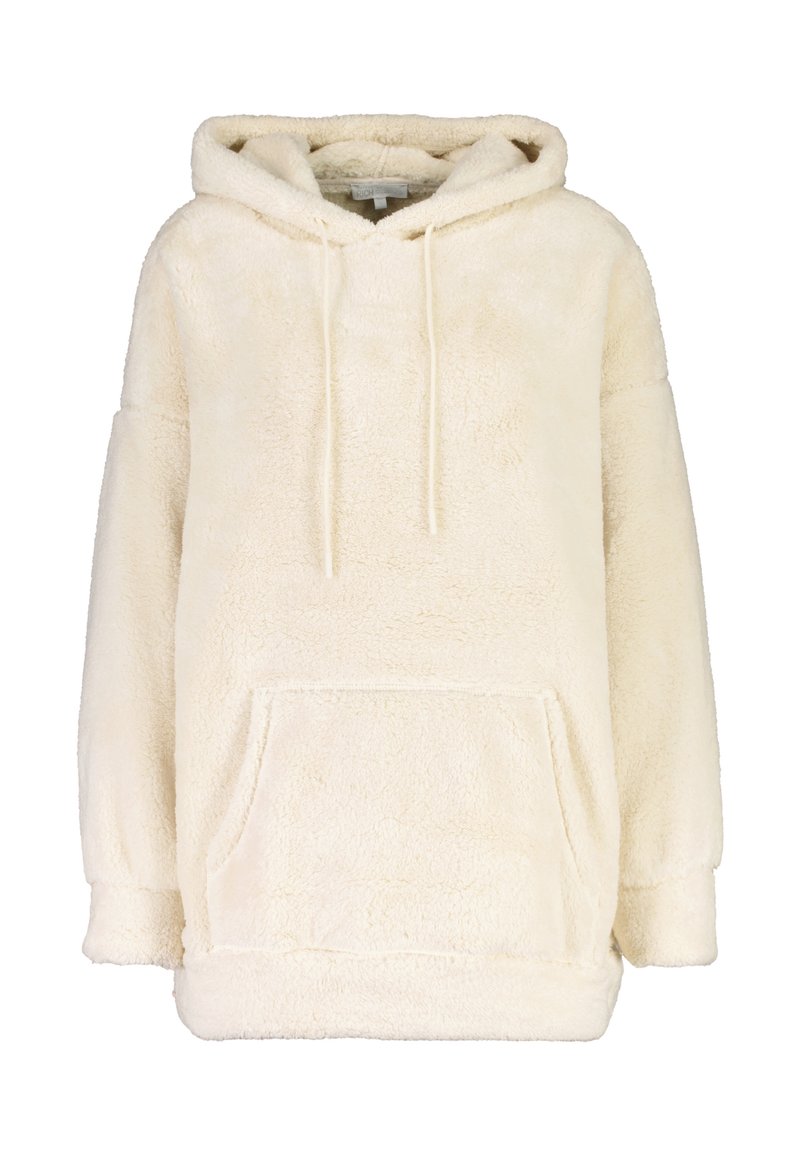 Sudadera con capucha de color crema, hecha de un suave forro polar texturizado. Presenta un bolsillo frontal y capucha con cordón. De corte amplio, con puños de canalé.