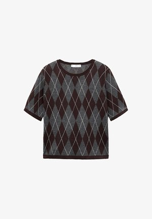 Korte mouwen gebreid shirt met een bruine en grijze argyle ruitpatroon en ronde halslijn.