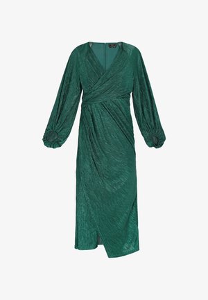 Zöld fémes anyagú, hosszú puffos ujjú ruha, texturált anyag, mély V-nyakkivágás, szabott részletekkel a deréknál, térd középig érő hosszúságban.