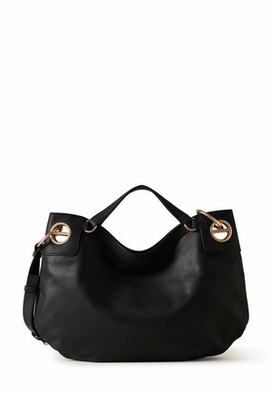 Sac à main en cuir noir avec une forme large et souple, double poignée et détails métalliques circulaires dorés de chaque côté.