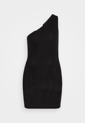 Schwarzes, einseitig besetztes Mini-Kleid aus einem strukturierten Stoff mit einem dezenten Schimmer, das eine taillierte Silhouette und klare Linien bietet.