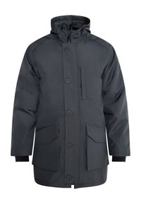 Parka di colore grigio scuro con chiusura a zip e bottoni, due grandi tasche frontali, cappuccio regolabile e polsini a coste. Tessuto liscio e resistente all'acqua.