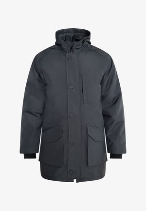 Dunkelgraue Parkajacke mit Reißverschluss und Knopfverschluss, zwei großen Fronttaschen, verstellbare Kapuze und gerippten Bündchen. Glattes, wasserabweisendes Material.