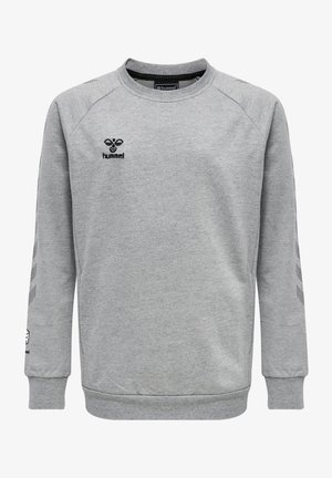 Grauer Pullover aus weichem Stoff, mit Rundhalsausschnitt, gerippten Bündchen und Saum sowie schwarzer Logodetails auf der Brust und den Ärmeln.