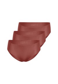 Set van drie naadloze, medium hoge bikini slipjes in een roestkleur. Gemaakt van gladde stof met een rekbare, minimalistische stijl.