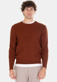 Maglione marrone lavorato a maglia con motivo a rilievo, scollo rotondo e polsini a coste. Indossato sopra una t-shirt bianca, mostrato su uno sfondo chiaro.