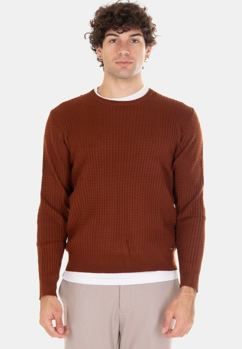 Maglione marrone lavorato a maglia con motivo a rilievo, scollo rotondo e polsini a coste. Indossato sopra una t-shirt bianca, mostrato su uno sfondo chiaro.