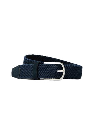 Ceinture en tissu tissé bleu marine avec une texture lisse, boucle en métal argenté et accents en daim noir au bout et à la boucle de maintien.