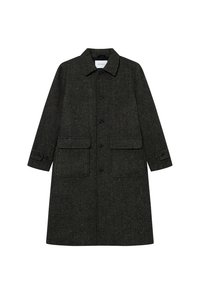 Σκούρο πράσινο παλτό σε ραβδωτό σχέδιο από υφή υφάσμ ατος, με καμπούρα γιακά, εμπροσθίους ή κατακόρυφους κουμπιά και δύο μεγάλα πλαϊνά τσέπες.