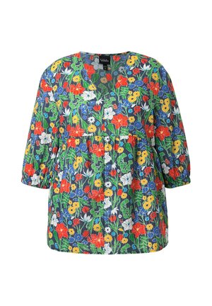 Kwiecista bluzka z wielobarwnej bawełny z dekoltem w kształcie litery V, bufiastymi rękawami i talią z marszczeniem, zdobiona wzorem czerwonych, żółtych i niebieskich kwiatów.