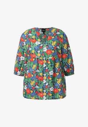 Blusa floral de algodón multicolor con cuello en V, mangas abullonadas y cintura fruncida, con un estampado de flores rojas, amarillas y azules.