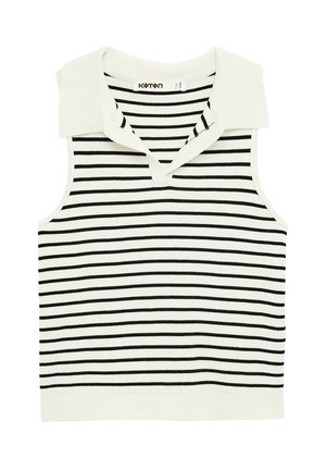 Mouwloze witte gebreide top met zwarte horizontale strepen en een brede opgevouwen kraag met V-halsopening.