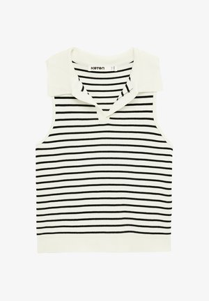 Ärmelloses weißes Strickoberteil mit schwarzen horizontalen Streifen und einem breiten, umgeschlagenen Kragen mit V-Ausschnitt.